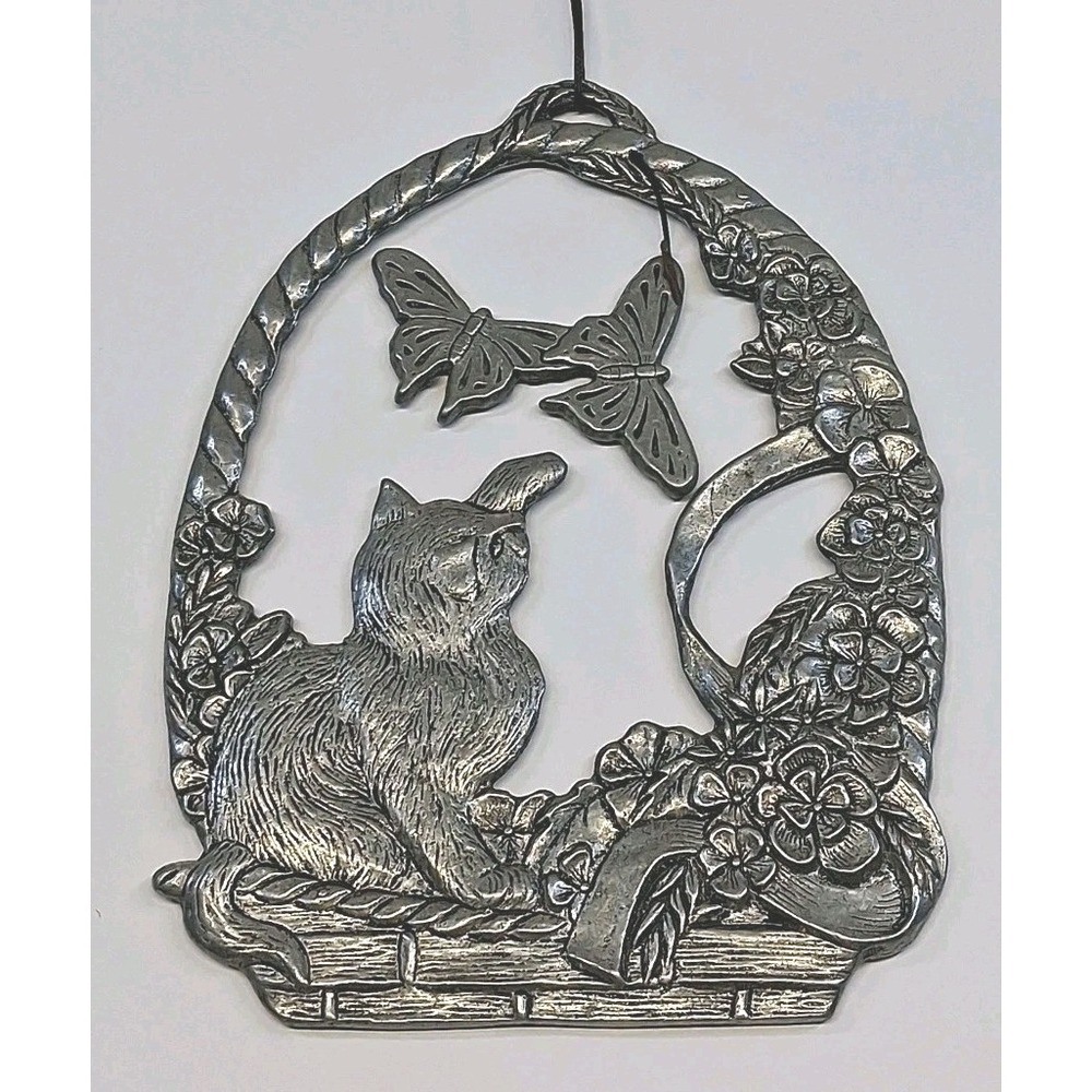 Vintage Metal Kitten and Butterflies in Basket w/Flowers Windchime 8.5x6.5